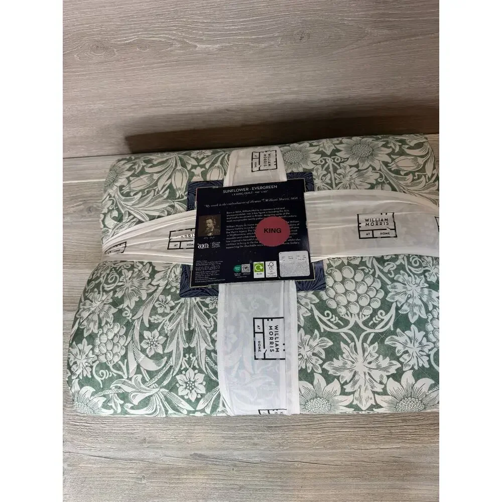 William Morris King Quilt- Sunflower / Evergreen - Green White NEW